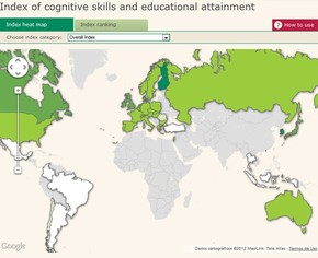 Mapa mostra índice global de desempenho educacional, que varia do pior (branco) para o melhor (verde escuro) (Foto: Reprodução) Mapa mostra índice global de desempenho educacional, que varia do pior (branco) para o melhor (verde escuro) (Foto: Reprodução)