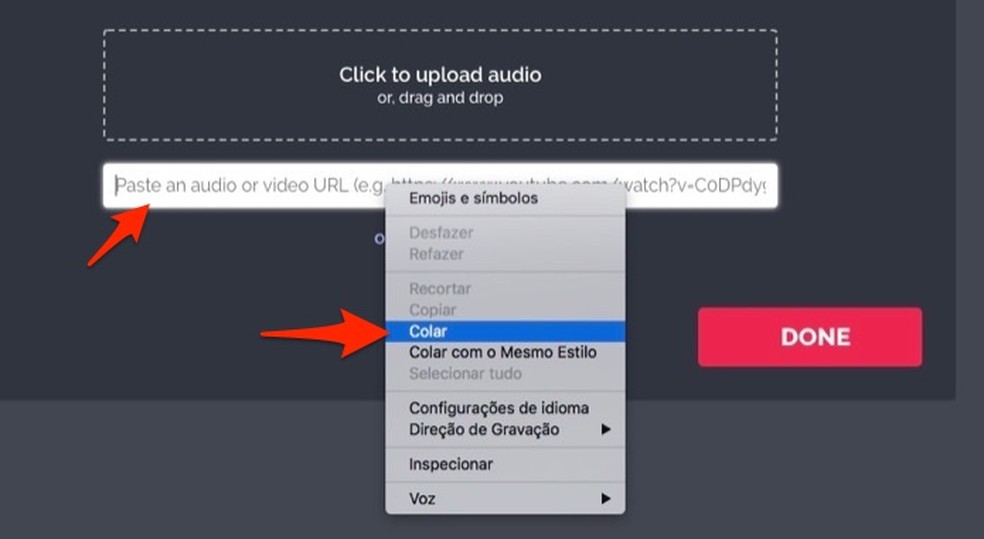 Ação para colar um link de vídeo do YouTube para usar como trilha sonora de um slideshow criado com o serviço online Kapwing — Foto: Reprodução/Marvin Costa