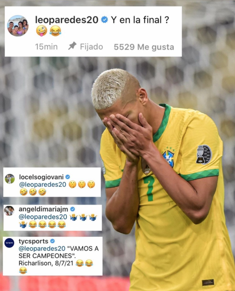 Leo Paredes, Giovani Lo Celso e Angel Di María provocaram Richarlison no Instagram durante as Olimpíadas. Mas agora não respondem mais o brasileiro — Foto: Reprodução / Instagram