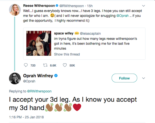 A atriz Reese Whiterspoon fazendo piada com suas três pernas na capa da Vanity Fair e uma piada de Oprah Winfrey (Foto: Twitter)