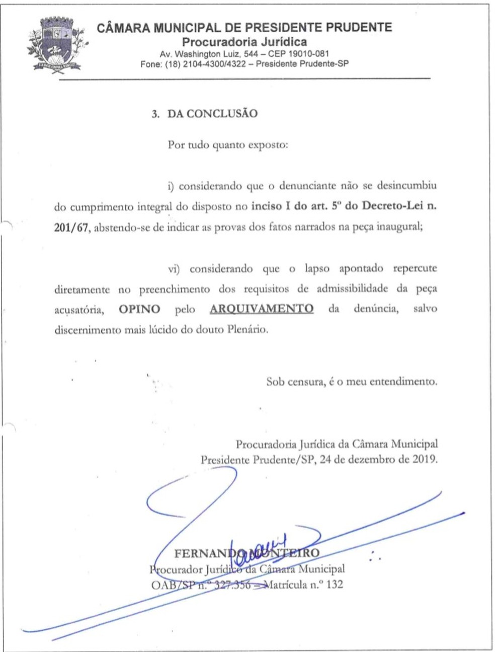 Conclusão da denúncia protocolada na Câmara Municipal de Presidente Prudente €” Foto: Reprodução