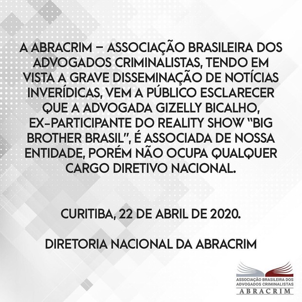 ABRACRIM posta Nota de Esclarecimento e nega que Gizelly Bicalho ocupe "qualquer cargo diretivo nacional" (Foto: Reprodução/Instagram)