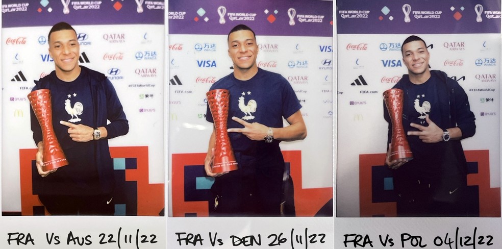Mbappé, nas três vezes que ganhou o troféu de melhor em campo: sempre sem exibir a marca da patrocinadora — Foto: Divulgação/Fifa