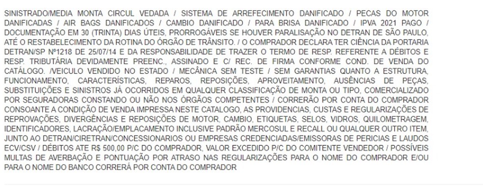 As informações ficam disponíveis apenas quando o consumidor se cadastra no site. O termo 'sinistrado" quer dizer que o carro possui danos.  — Foto: Reprodução