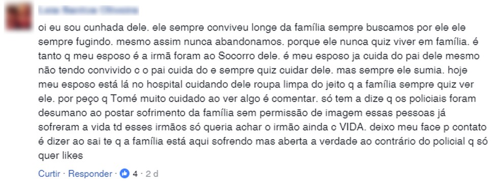 Internauta que afirma ser cunhada do deficiente físico relatou que ele sempre conviveu longe da família e nunca quis contato — Foto: Reprodução