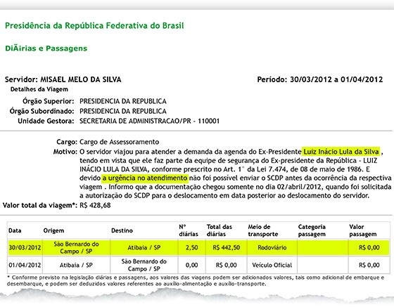 Documento mostra diária de viagem do servidor Misael Melo da Silva, que fez a segurança do ex-presidente Lula (Foto: Reprodução)