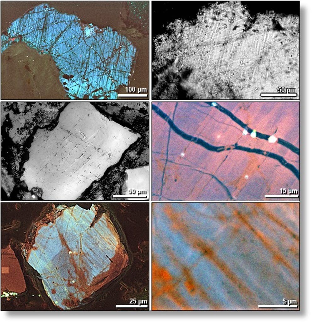 Imagens de microscópio eletrônico de numerosas pequenas rachaduras em grãos de quartzo de impacto (Foto: Allen West)