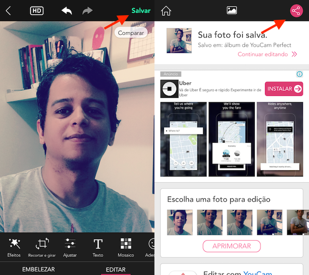 Opções de edição e compartilhamento de uma imagem editada no YouCam Perfect (Foto: Reprodução/Marvin Costa)