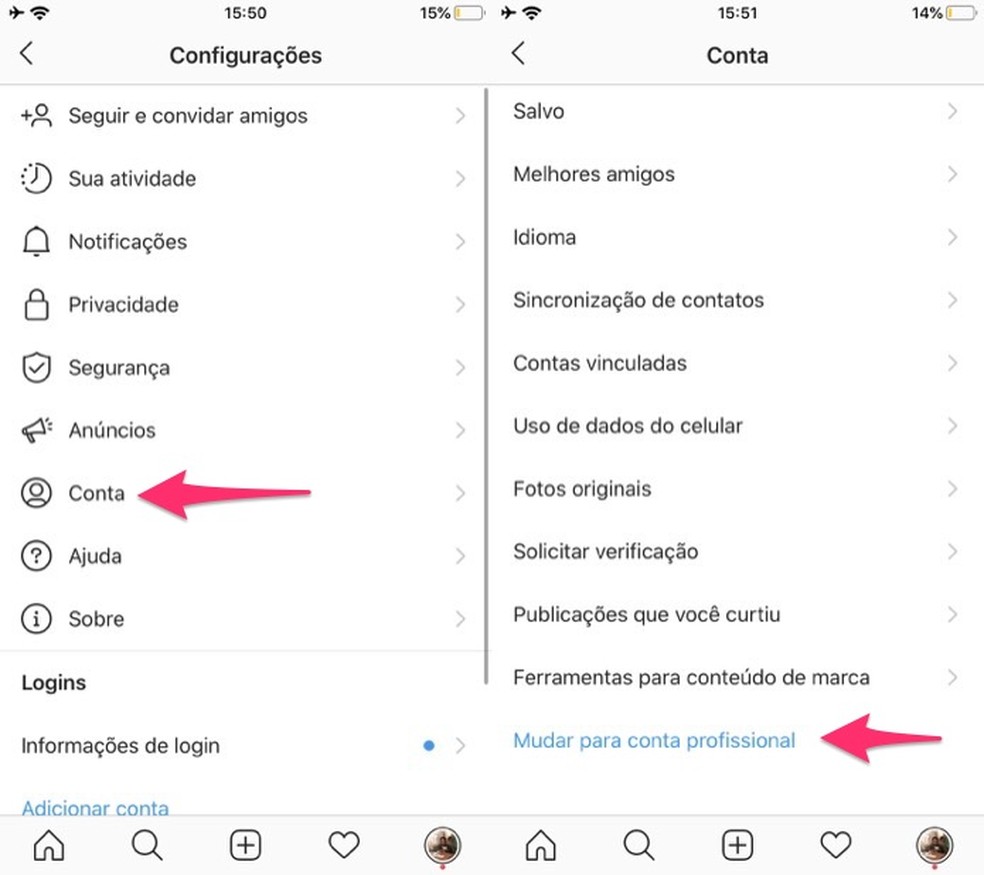 Ação para acessar a ferramenta de configuração de um conta profissional no Instagram — Foto: Reprodução/Marvin Costa