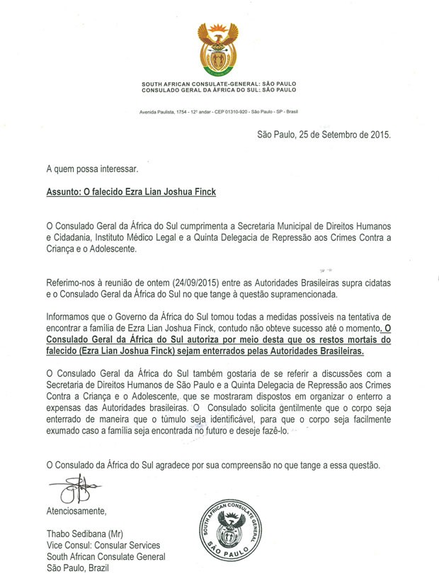 Carta do Consulado Geral da África do Sul autorizando autoridades brasileiras a fazer o sepultamento do menino Ezra (Foto: Reprodução)
