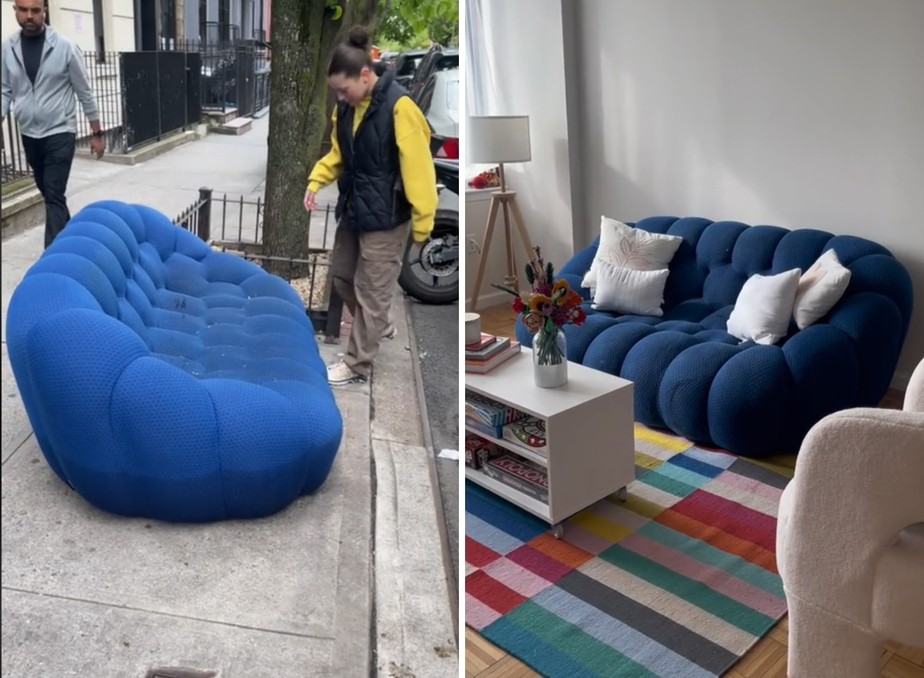 Mulher faz sucesso na internet ao recuperar sofá de design encontrado na rua