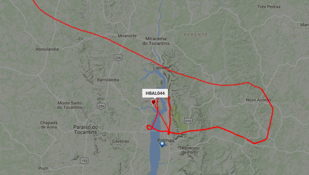 Trajeto feito pelo balão do Projeto Loon em Palmas (Foto: Flightradar24/Reprodução)