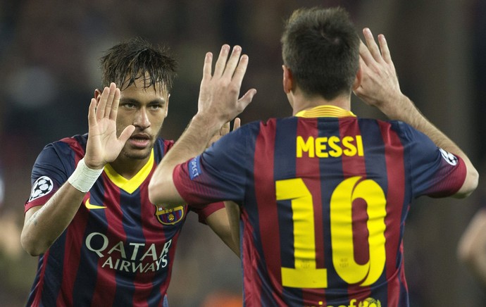 Neymar e Messi comemoram, Barcelona x Atlético de Madrid (Foto: EFE) Neymar e Messi comemoram, Barcelona x Atlético de Madrid (Foto: EFE)