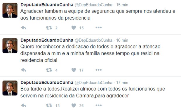 Eduardo Cunha utilizou o Twitter para falar sobre almoço de despedida na residência oficial (Foto: Reprodução/Twitter)