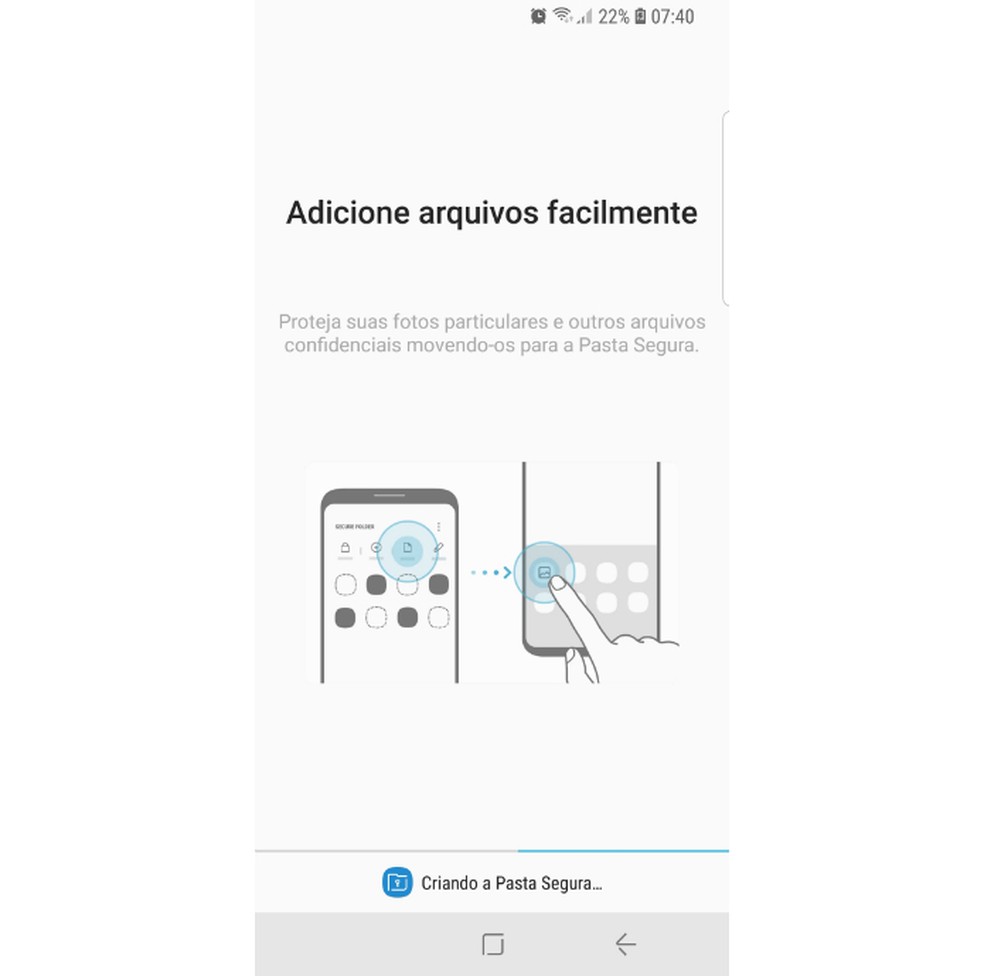 Depois que escolher um método de autenticação, você poderá ativar a Pasta Segura: o processo leva alguns instantes (Foto: Reprodução/Filipe Garrett)