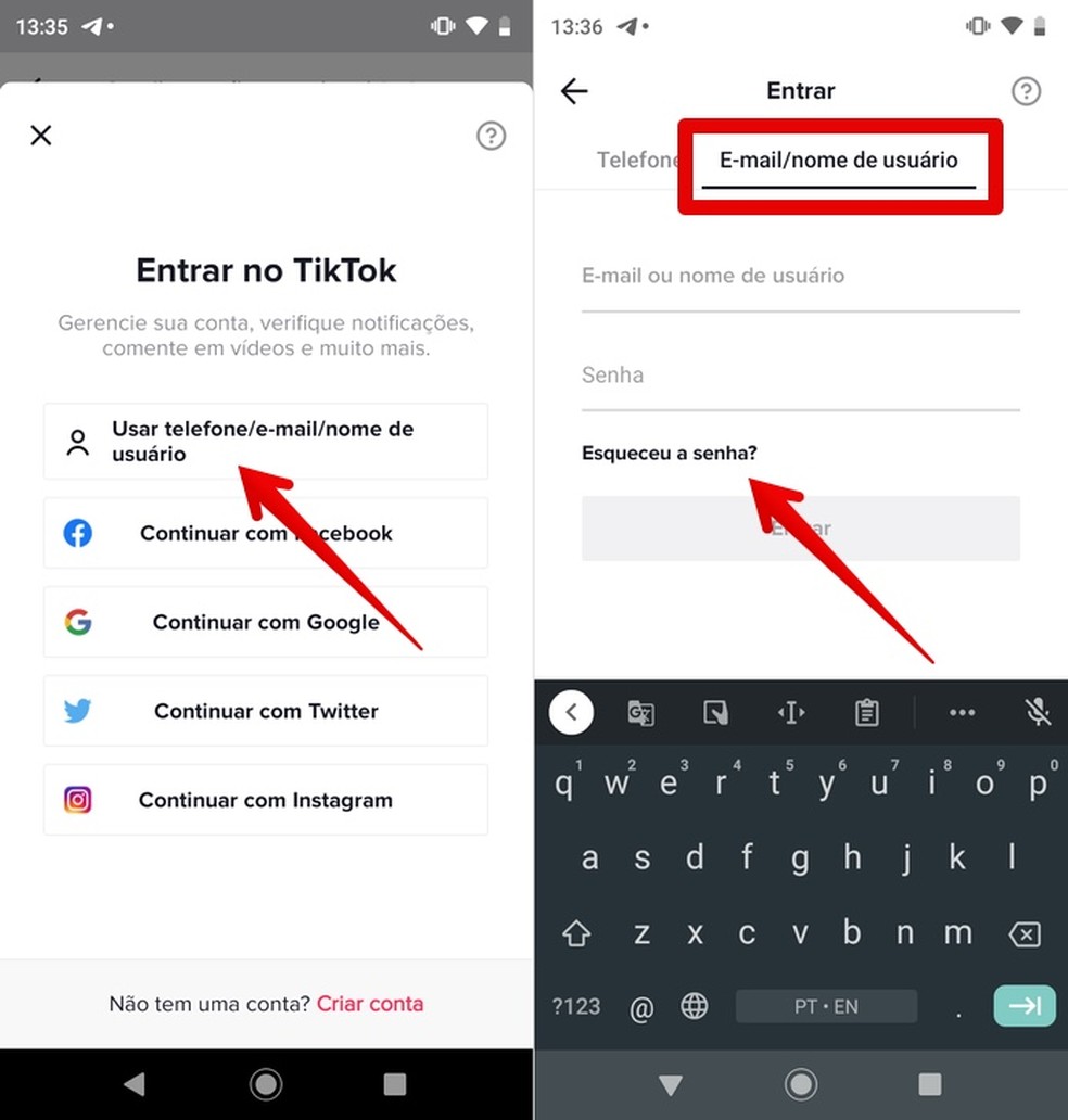 Como recuperar minha conta no TikTok? Selecione "Esqueceu a senha?" — Foto: Reprodução/Helito Beggiora