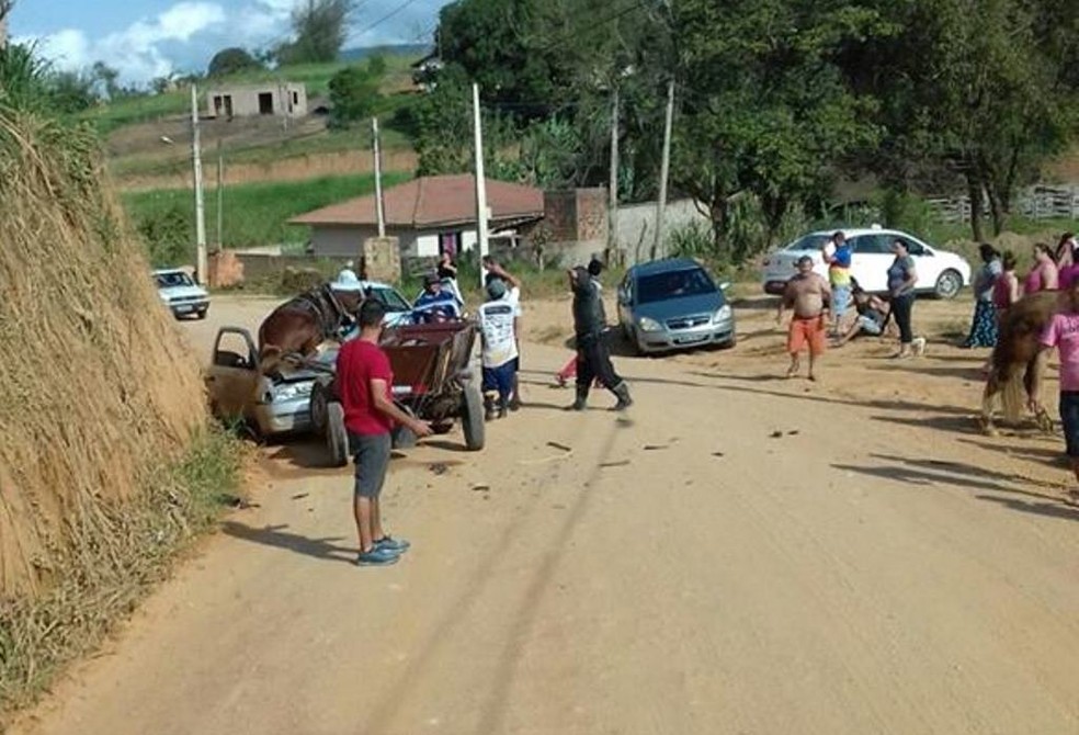 Dois cavalos ficaram desgovernados e subiram em carro em Canelinhas — Foto: Marciano Machado/Olhovivocam 