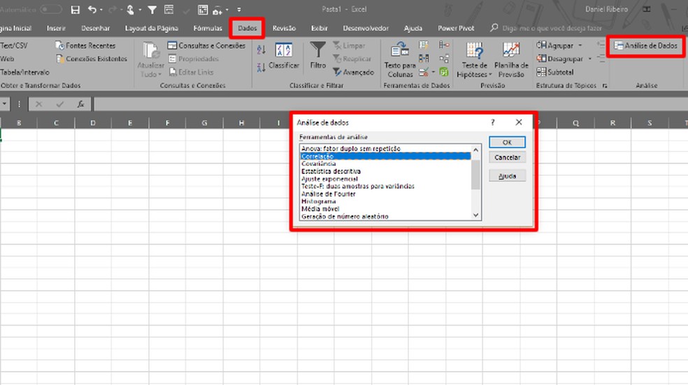Na aba “Dados” estará o botão “Análise de Dados” com os sofisticados recursos estatísticos do Excel (Foto: Reprodução/Daniel Ribeiro)