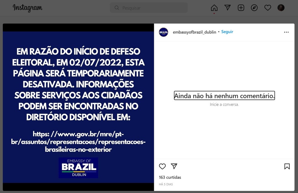 Publicação feita no perfil da embaixada do Brasil em Dublin no Instagram — Foto: Reprodução