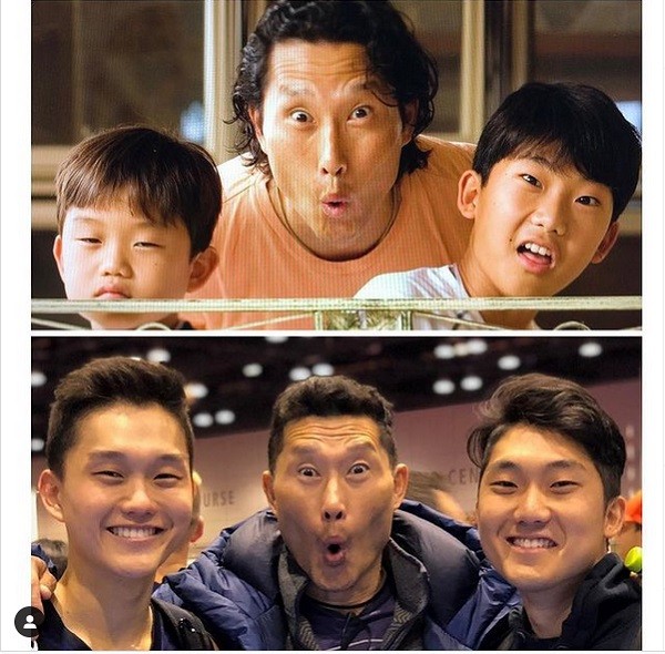 O ator Daniel Dae Kim com os dois filhos em fotos no intervalo de 10 anos (Foto: Instagram)