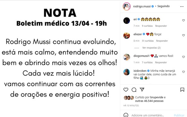 Novo boletim médico de Rodrigo Mussi (Foto: Reprodução/Instagram)