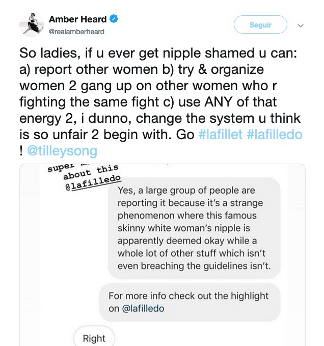 Um dos posts de Amber Heard expondo os ataques feitos à sua foto de topless (Foto: Twitter)