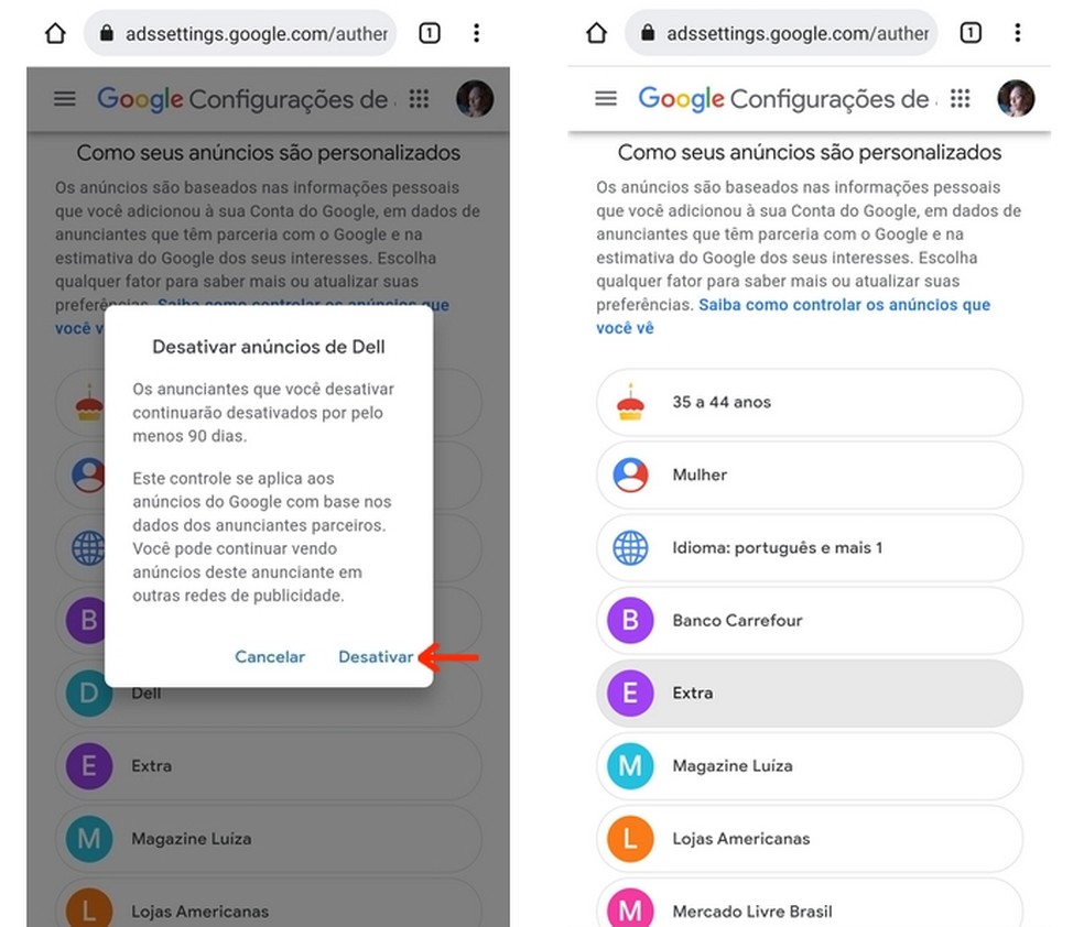 Confirmação de desativação de anúncio personalizado específico do Google — Foto: Reprodução/Raquel Freire