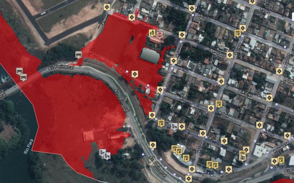 Área em vermelho poderá ser inundada pela abertura das comportas da hidrelétrica de Carmo do Cajuru  — Foto: Prefeitura de Carmo do Cajuru/Divulgação 