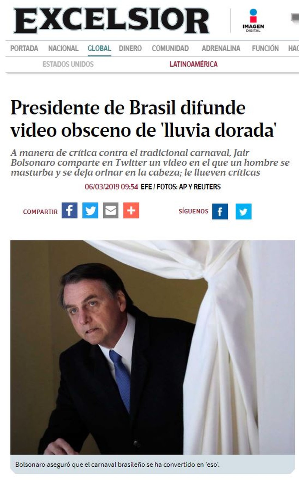 Jornal mexicano 'Excelsior' também noticiou o caso dos tuítes de Bolsonaro — Foto: Reprodução/El Excelsior