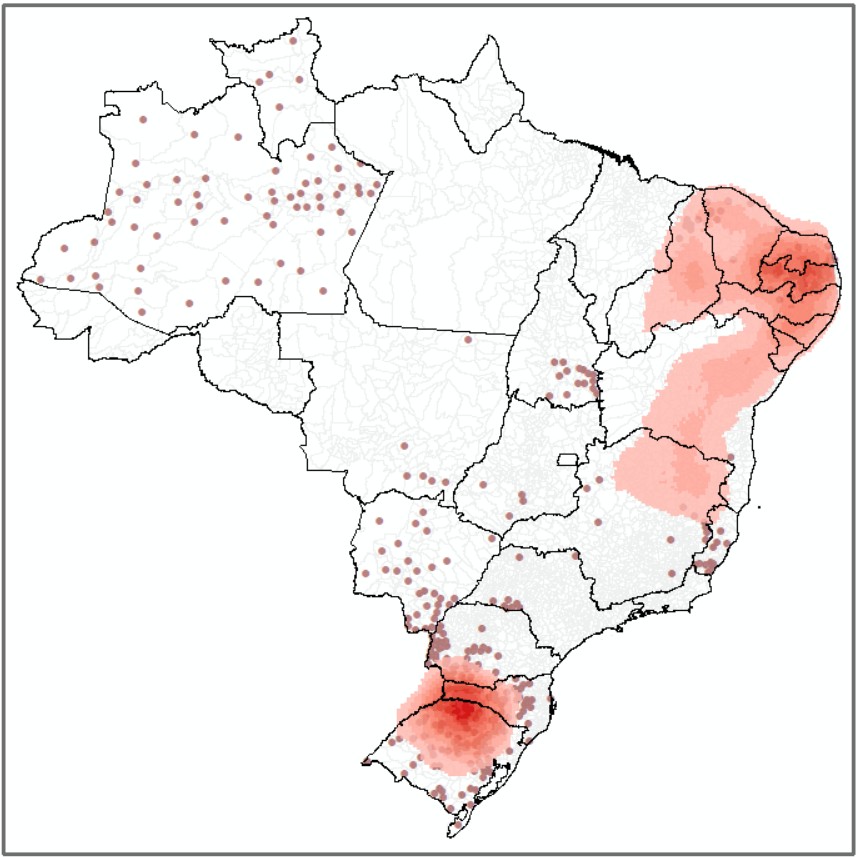 Figura 2. Áreas de eventos de secas recorrentes nas décadas de 1980, 1990, 2000 e 2010 (manchas vermelhas) e áreas de aumento de intensidade de seca nas últimas duas décadas (2000-2010) (pontos marrons). A década de 1980 corresponde ao período de 1980 a 1989; a década de 1990, ao período de 1990 a 1999 e assim sucessivamente. (Foto: TNC Brasil)