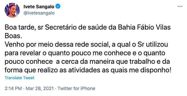 Secretário de saúde da Bahia critica Ivete Sangalo (Foto: Reprodução)