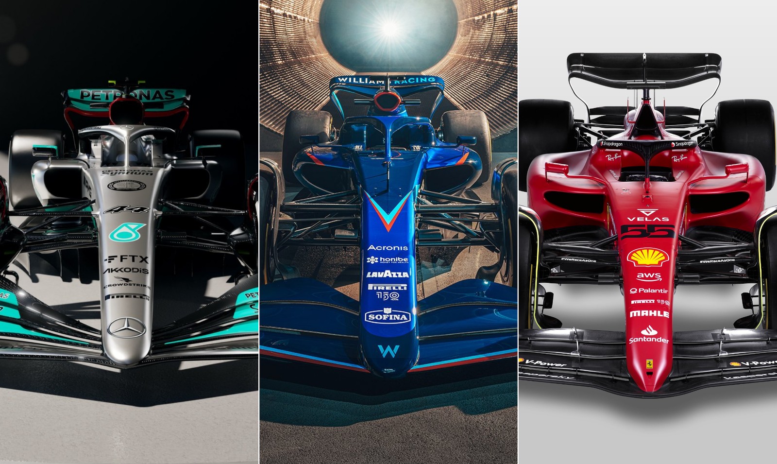 Os carros da Mercedes, Williams e Ferrari para a temporada 2022Montagem com fotos de divulgação