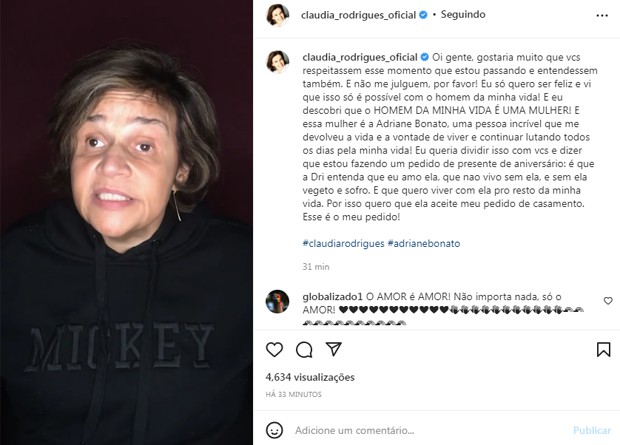 Claudia Rodrigues assume romance com ex-empresária e a pede em casamento (Foto: Reprodução/Instagram)