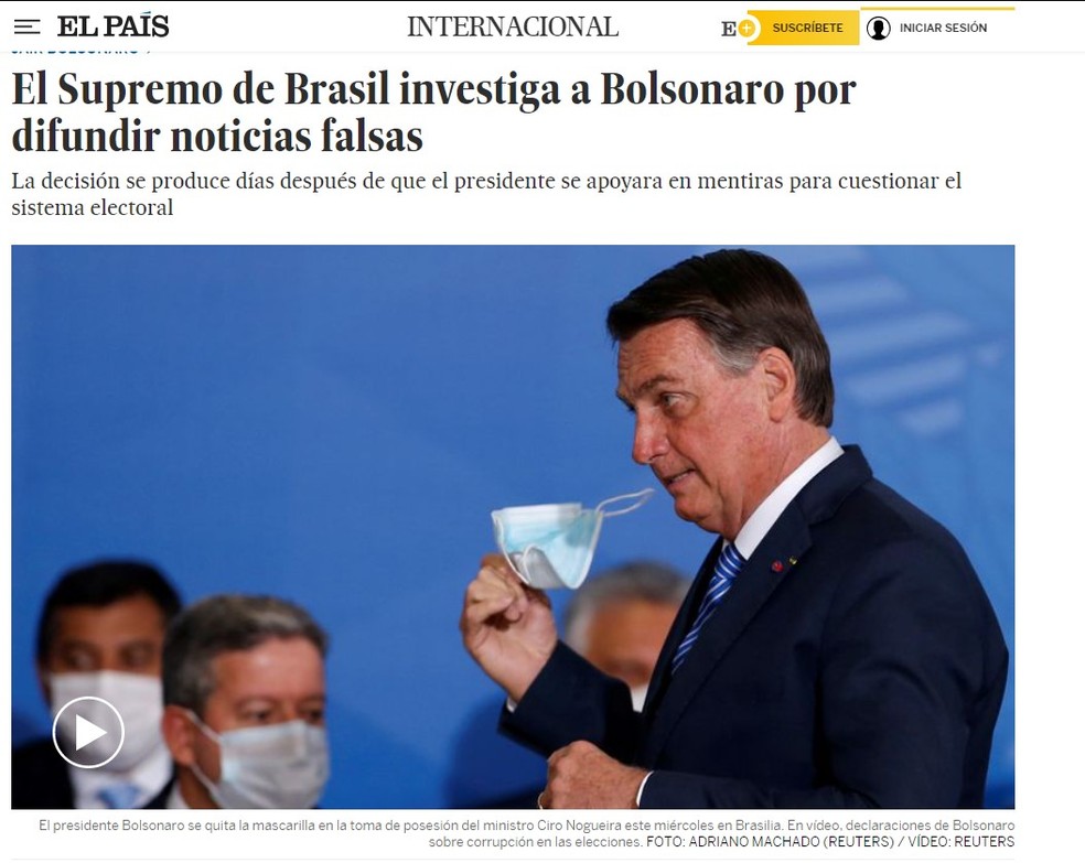 Imagem da página do 'El País' da Espanha sobre a decisão do Supremo Tribunal Federal de investigar Jair Bolsonaro — Foto: Reprodução/El País