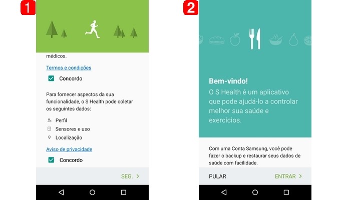 Telas iniciais do app S Health, da Samsung (Foto: Reprodução/Raquel Freire)