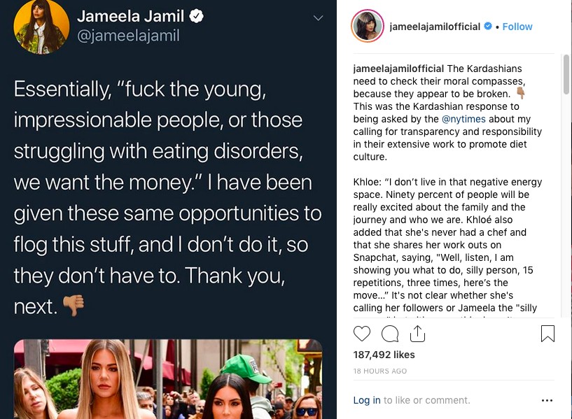 As respostas da atriz Jameela Jamil às falas de Khloé Kardashian (Foto: Instagram)