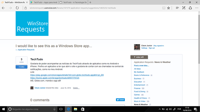 Solicitação de app para Windows 10 aparecerá na página ao fim da solicitação (Foto: Reprodução/Elson de Souza)