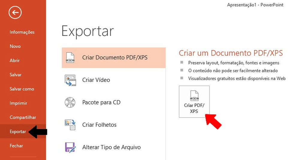 Salve sua apresentação de slides do PowerPoint em formato PDF (Foto: Reprodução/Rodrigo Fernandes)