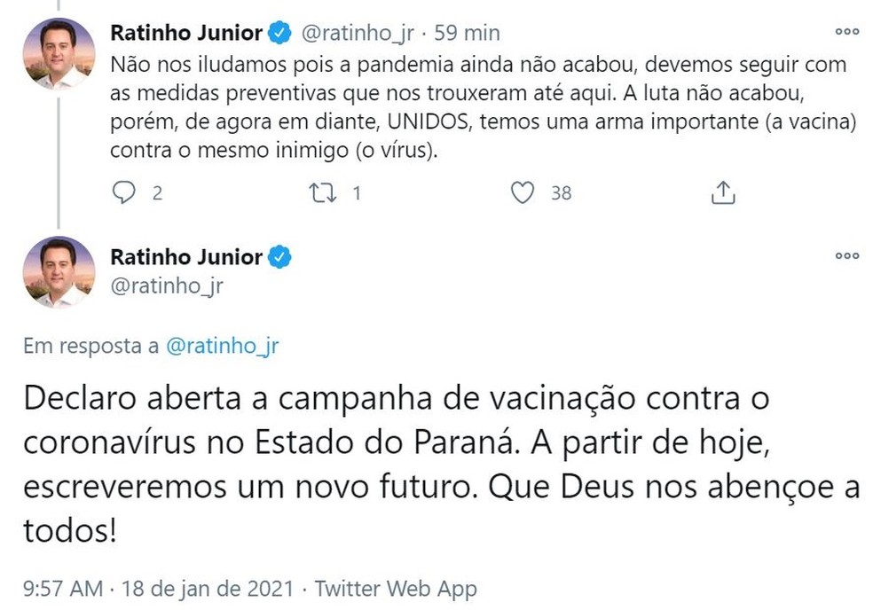 Ratinho Junior anunciou o início da vacinação pelas redes sociais — Foto: Reprodução/Twitter
