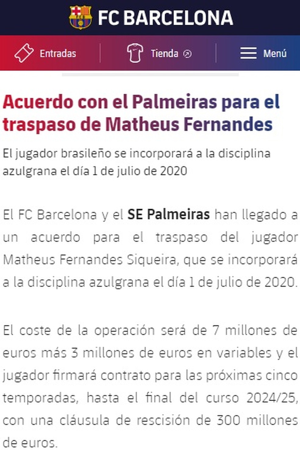 Barcelona anuncia contratação de Matheus Fernandes, do Palmeiras — Foto: Reprodução