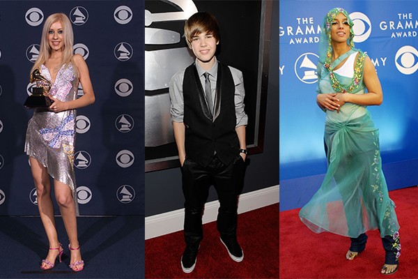 Christina Aguilera, Justin Bieber e Alicia Keys em suas primeiras aparições no Grammy (Foto: Getty Images)
