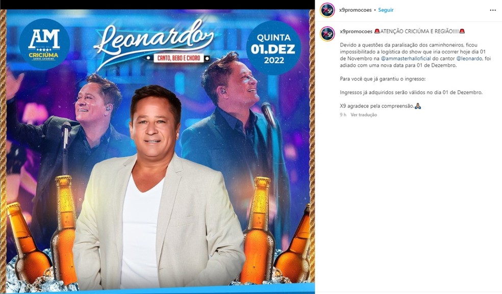 Comunicado de adiamento do show de Leonardo — Foto: Reprodução/Instagram