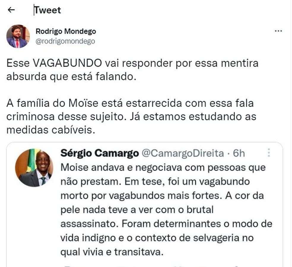 Post de Mondego, da OAB, em resposta a Sérgio Camargo — Foto: Reprodução