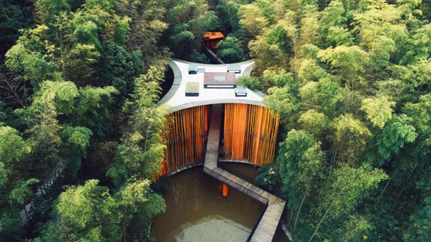 Pavilhão e passarela em ziguezague chamam atenção em meio à floresta de bambu (Foto: Reprodução )