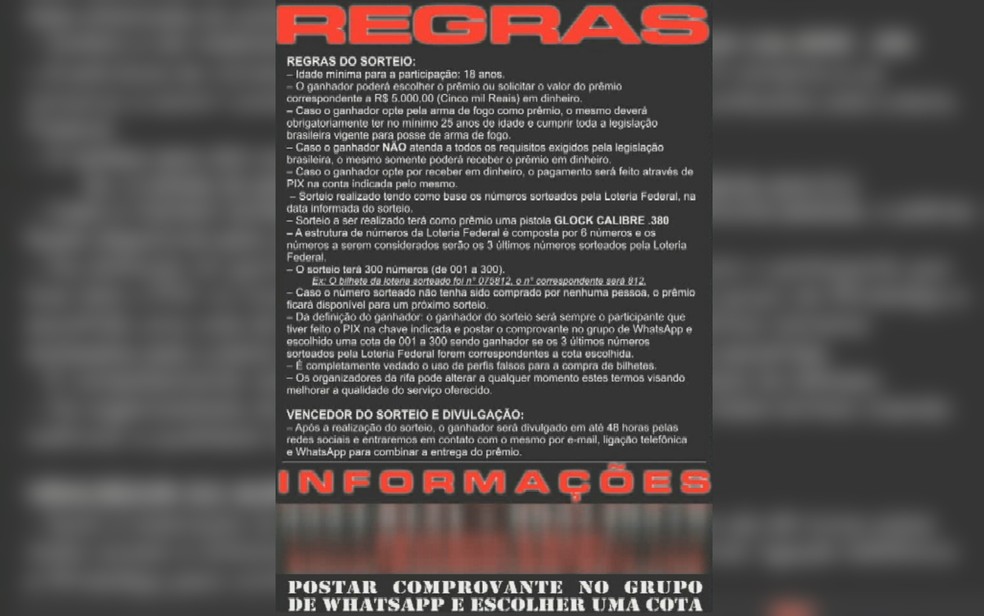 Regras do sorteio da arma pela GCM, Goiás — Foto: Reprodução/TV Anhanguera