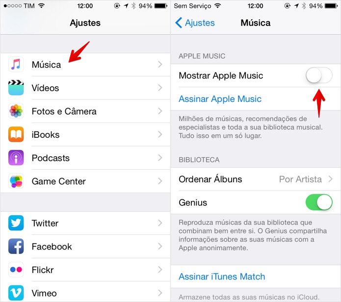 Desativando o Apple Music no iOS (Foto: Reprodução/Helito Bijora) 