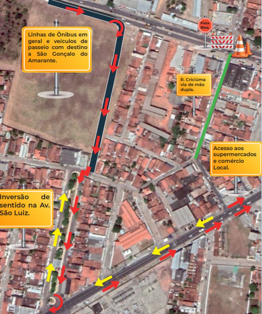 Croqui divulgado pelo Dnit mostra desvio que usuários que seguem de Ceará-Mirim para São Gonçalo do Amarante devem fazer durante desvio em obra.  — Foto: Dnit/Divulgação