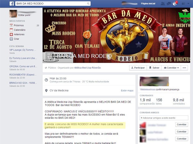 Festa do curso de medicina da USP divulga concurso de "Miss Rodeio" em rede social (Foto: Reprodução/Facebook)