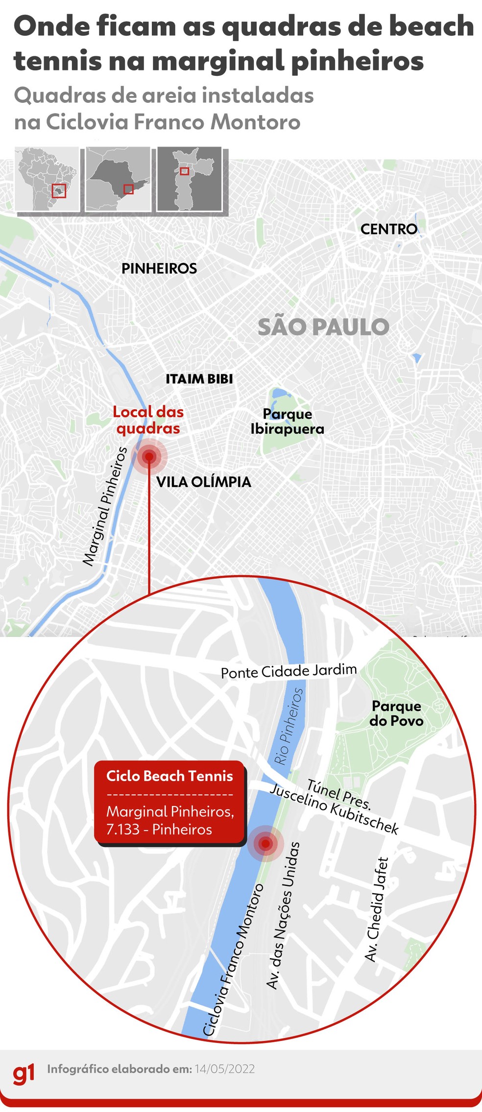 Localização das quadras de beach tennis na ciclovia do Rio Pinheiros — Foto: Arte/g1