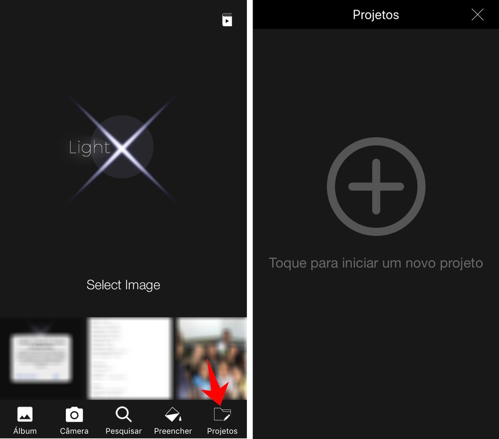 LightX reúne todos os projetos que você já editou no app — Foto: Reprodução/Rodrigo Fernandes
